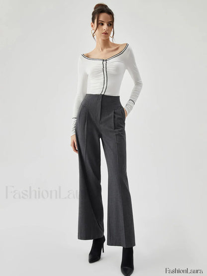 Pocket Pleated Straight Trendy Leg Dress Pants