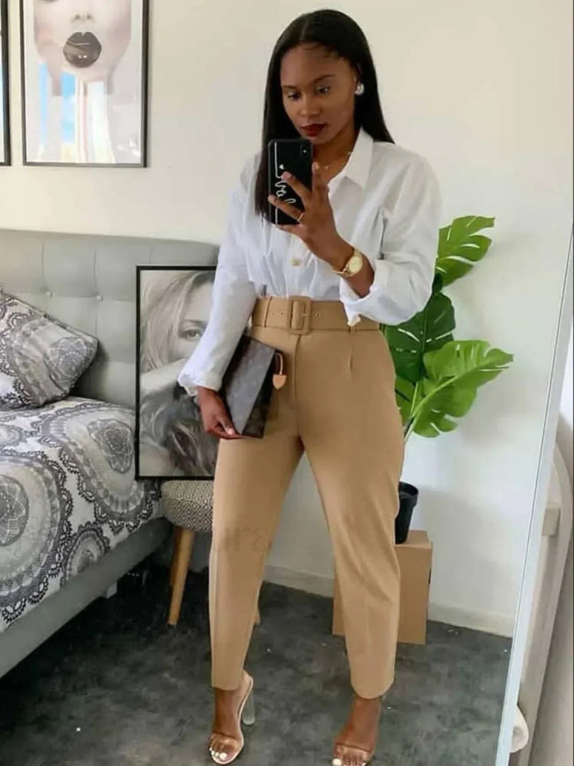 Solid Color Belted Pencil  Pants