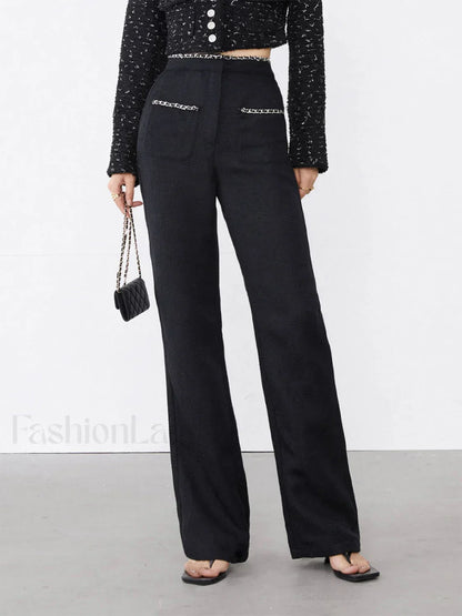 Tweed Contrast Trim Trendy Pocket Straight Leg Pants